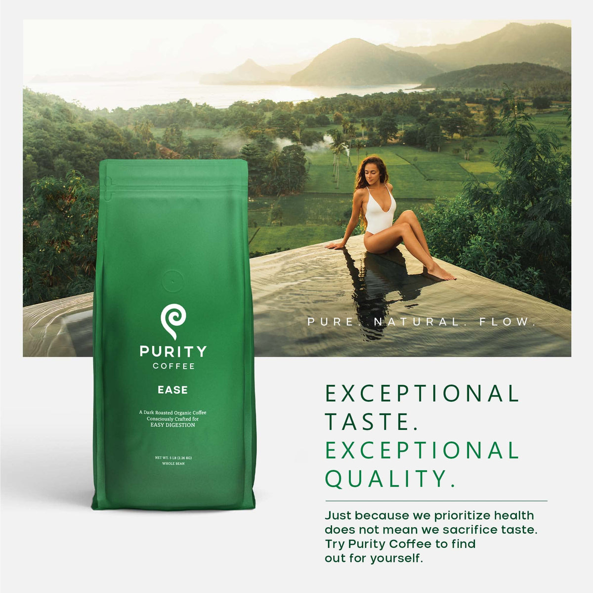 Purity Coffee EASE hot cup ready to enjoy a smooth low-acid experience.