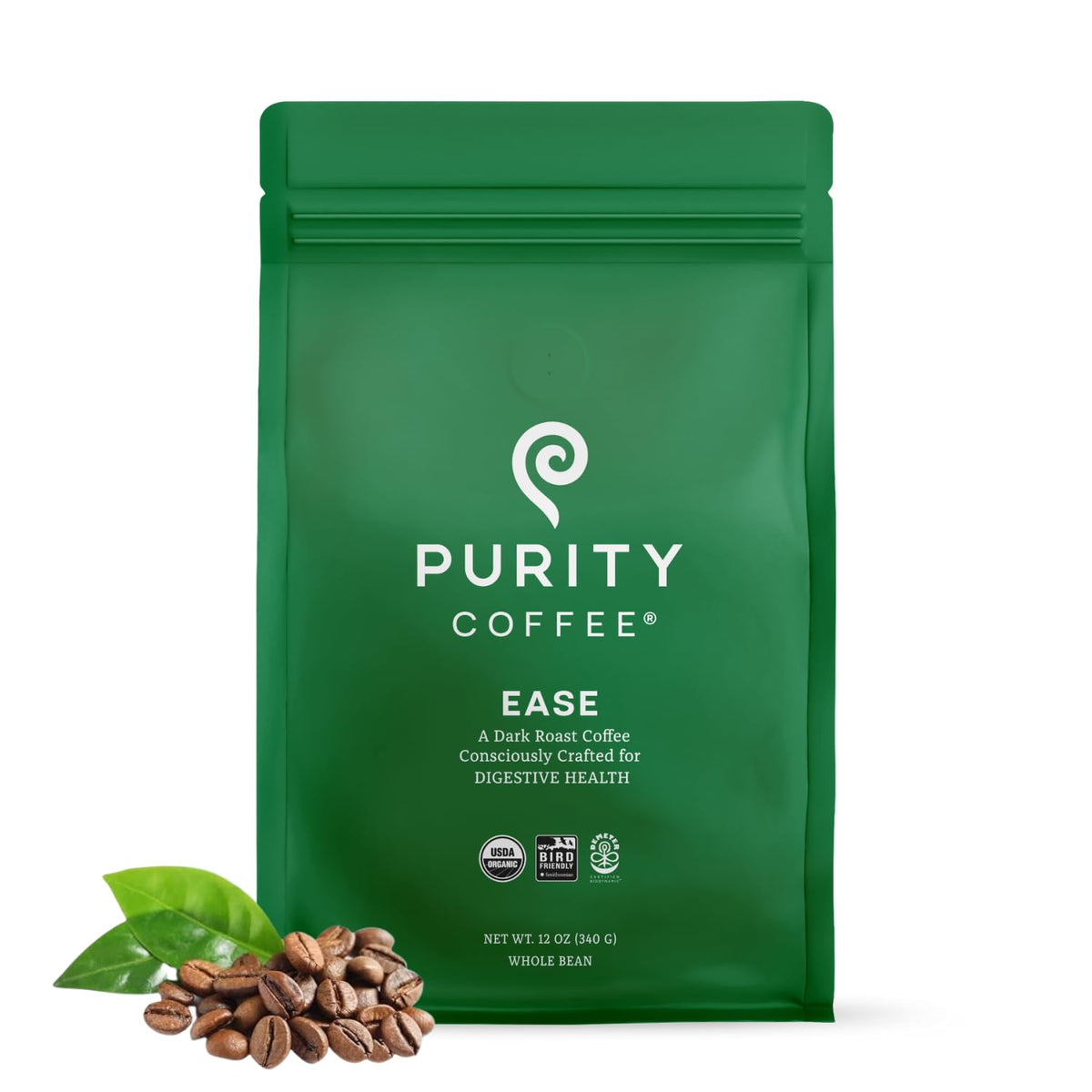 Purity Coffee EASE bag—low-acid organic roast for easy digestion and freshness.