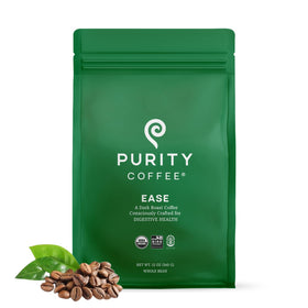 Purity Coffee EASE bag—low-acid organic roast for easy digestion and freshness.