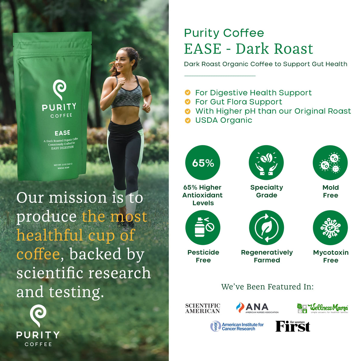 Purity Coffee EASE cup with steam—aromatic dark roast delivering a smooth, satisfying finish.