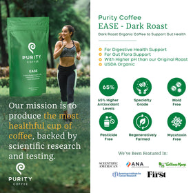 Purity Coffee EASE cup with steam—aromatic dark roast delivering a smooth, satisfying finish.