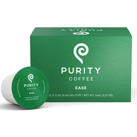 Purity Coffee EASE box front shows organic, easy-digest capsules.