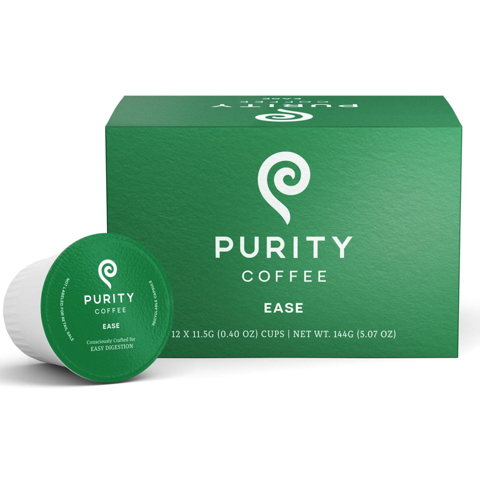 Purity Coffee EASE box front shows organic, easy-digest capsules.