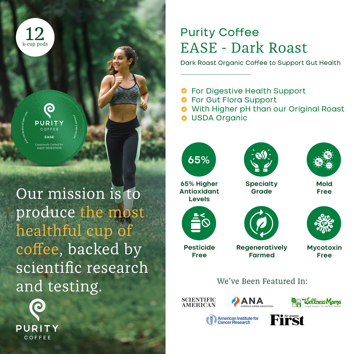 Close-up of Purity Coffee EASE capsules for fast, smooth brewing.