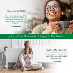 USDA Organic verified Purity Coffee EASE label with third-party testing seal.