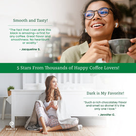 Purity Coffee EASE organic certifications and third-party testing highlight quality and safety.