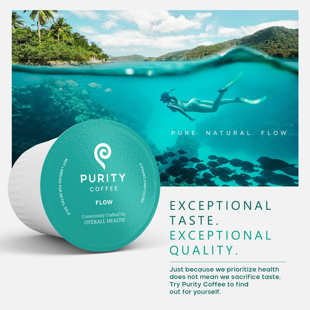 Purity Coffee FLOW beans closeup capturing fresh-roasted aroma and rich flavor promise.