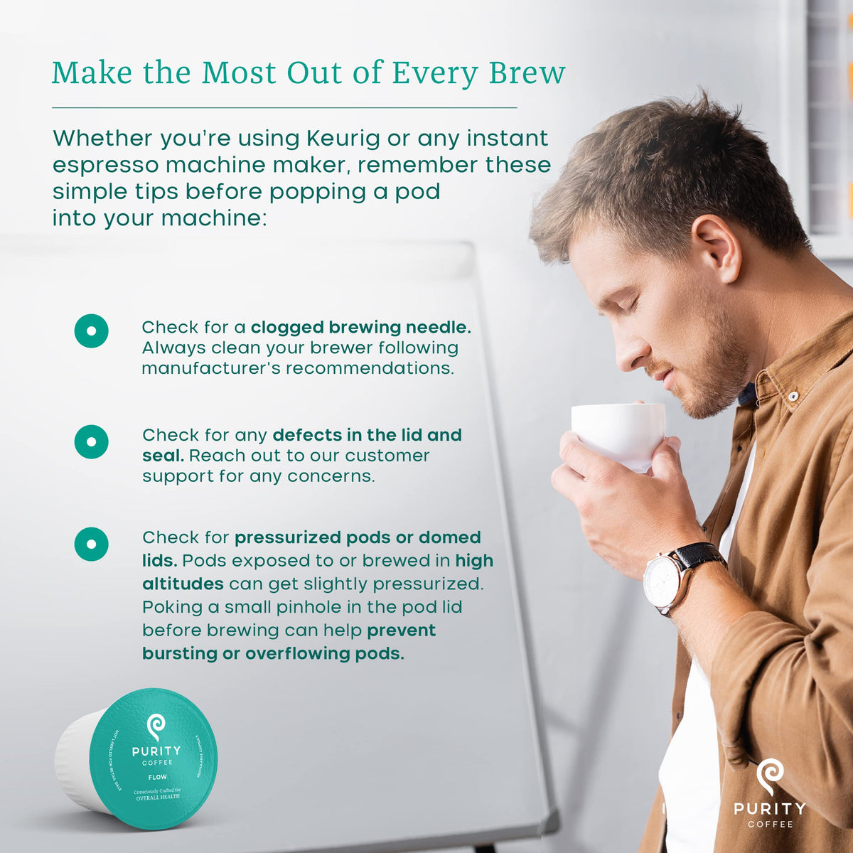 Purity Coffee FLOW brewed cup steaming illustrating balanced body and smooth finish.