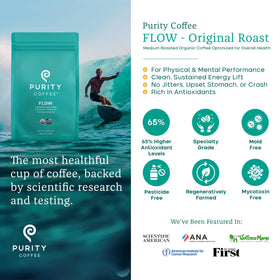 Purity Coffee FLOW ground bag closeup highlighting medium roast and aroma.