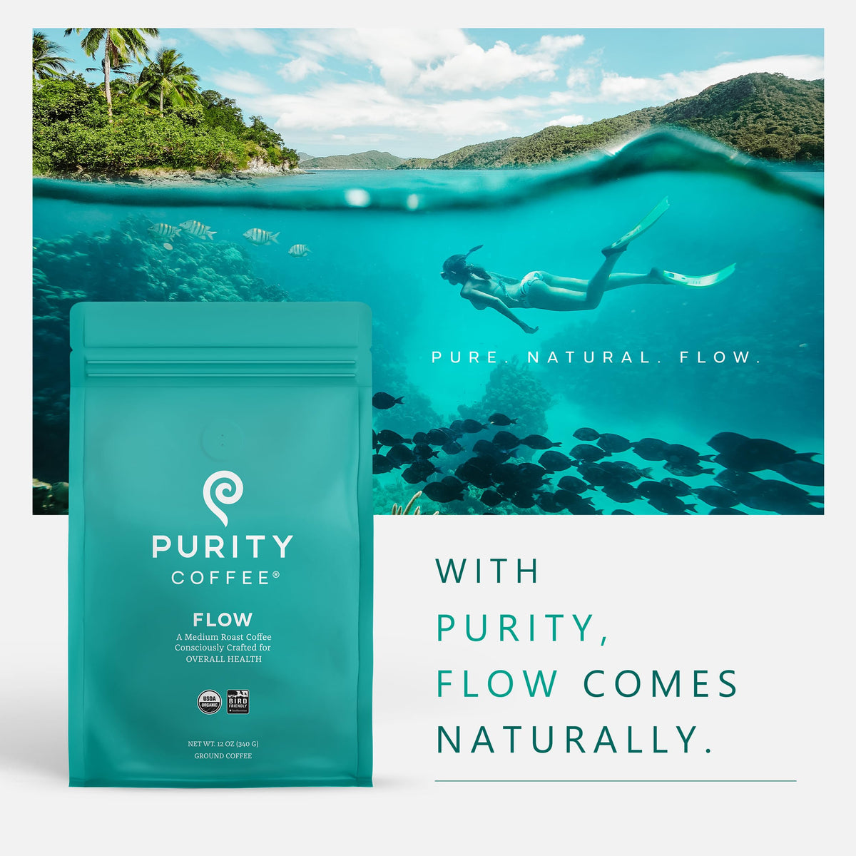 Purity Coffee FLOW nitrogen-flush packaging preserving freshness from bag to cup.