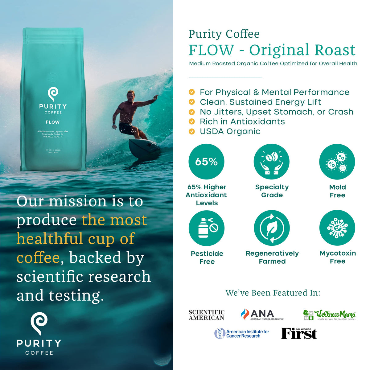 Purity Coffee FLOW Original bag on kitchen counter ready for a fresh cup.