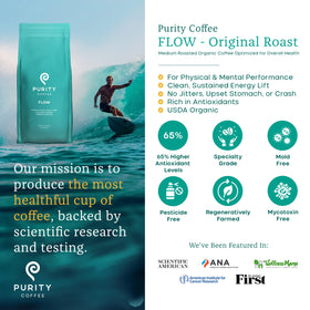 Purity Coffee FLOW Original bag on kitchen counter ready for a fresh cup.