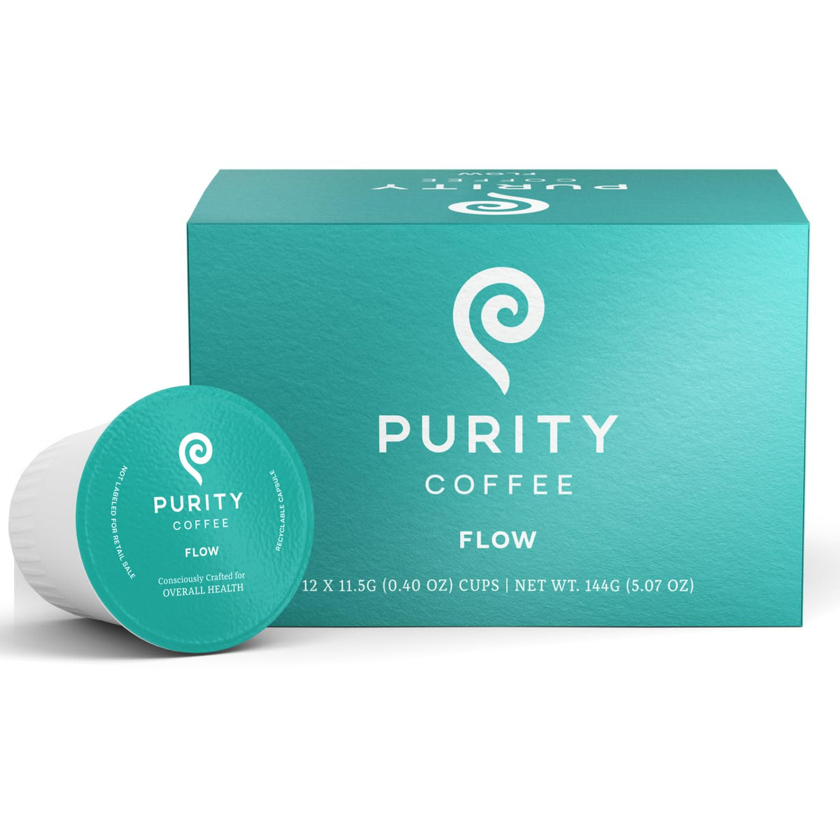 Purity Coffee FLOW capsules front view highlighting antioxidant-rich medium roast for daily vitality.