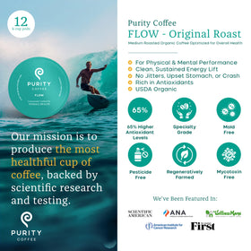 Purity Coffee FLOW capsules side view showing premium organic blend for mindful mornings.