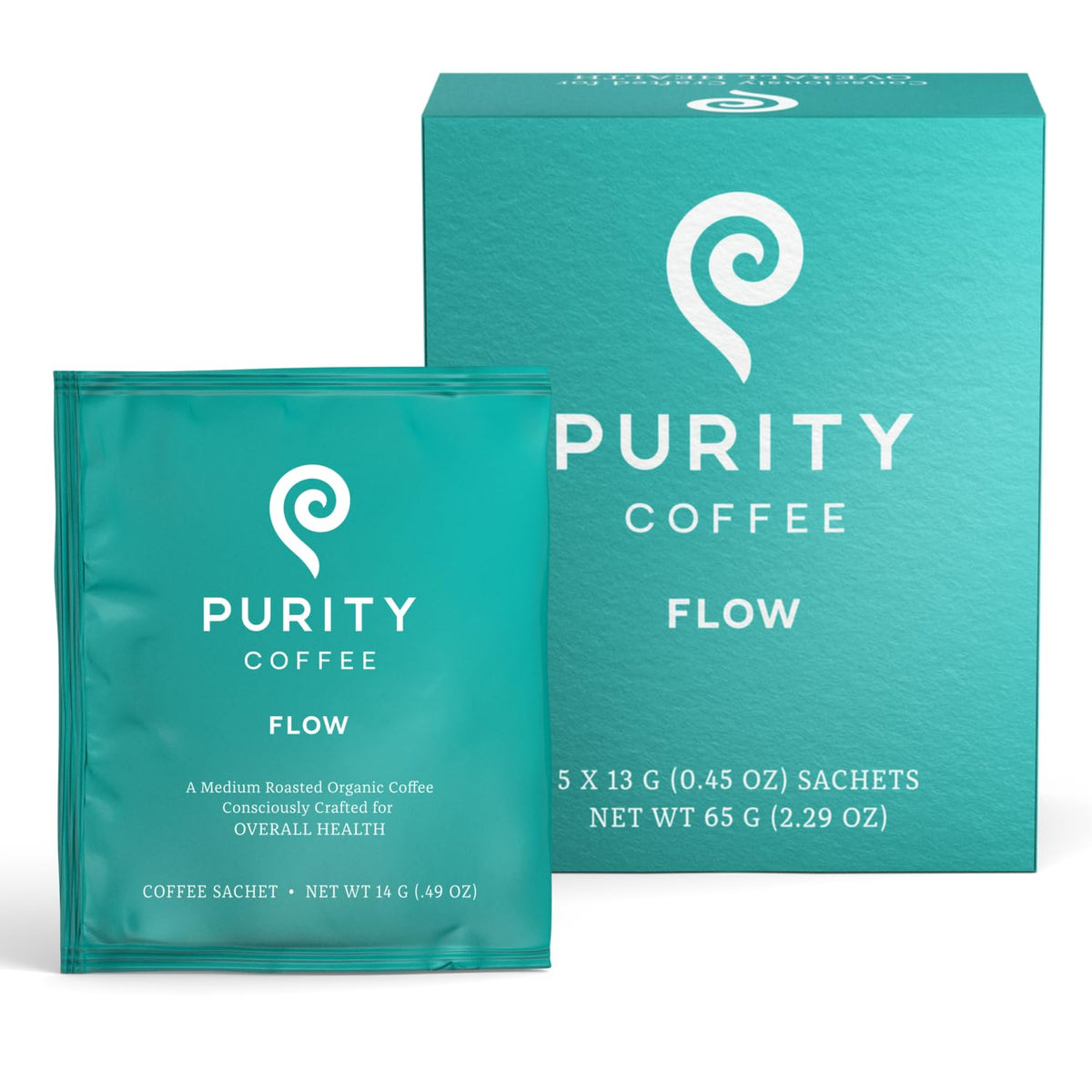 Purity Coffee FLOW 5-sachet box ready for quick, fresh brews.