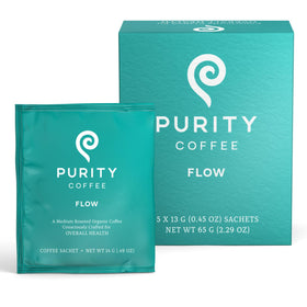 Purity Coffee FLOW 5-sachet box ready for quick, fresh brews.