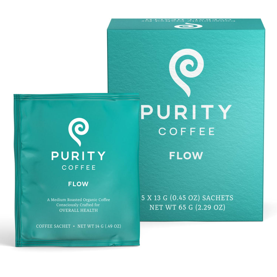 Purity Coffee FLOW 5-sachet box ready for quick, fresh brews.