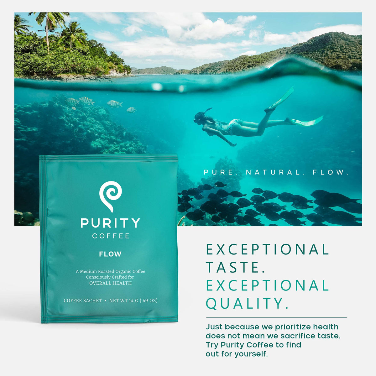 Purity Coffee FLOW third-party tested label supports quality and safety.