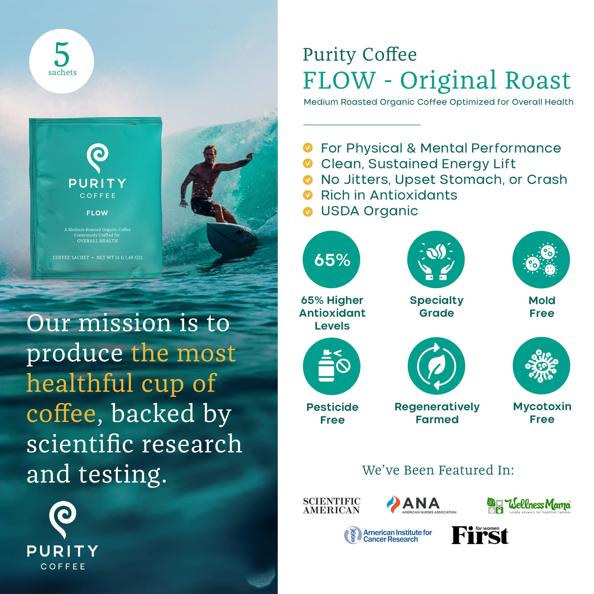 Purity Coffee FLOW sachets twist-open for convenient on-the-go brewing.