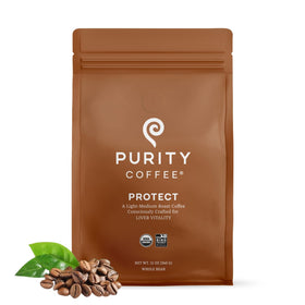 Purity Coffee PROTECT bag front shows organic certification and premium, antioxidant-rich roast.