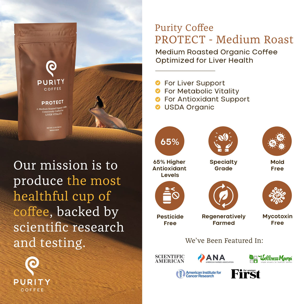 Purity Coffee PROTECT beans closeup with glossy surface and antioxidant-rich profile.