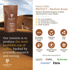 Purity Coffee PROTECT beans closeup with glossy surface and antioxidant-rich profile.