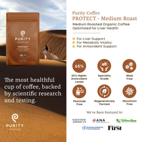 Purity Coffee PROTECT label showing USDA Organic status and purity testing