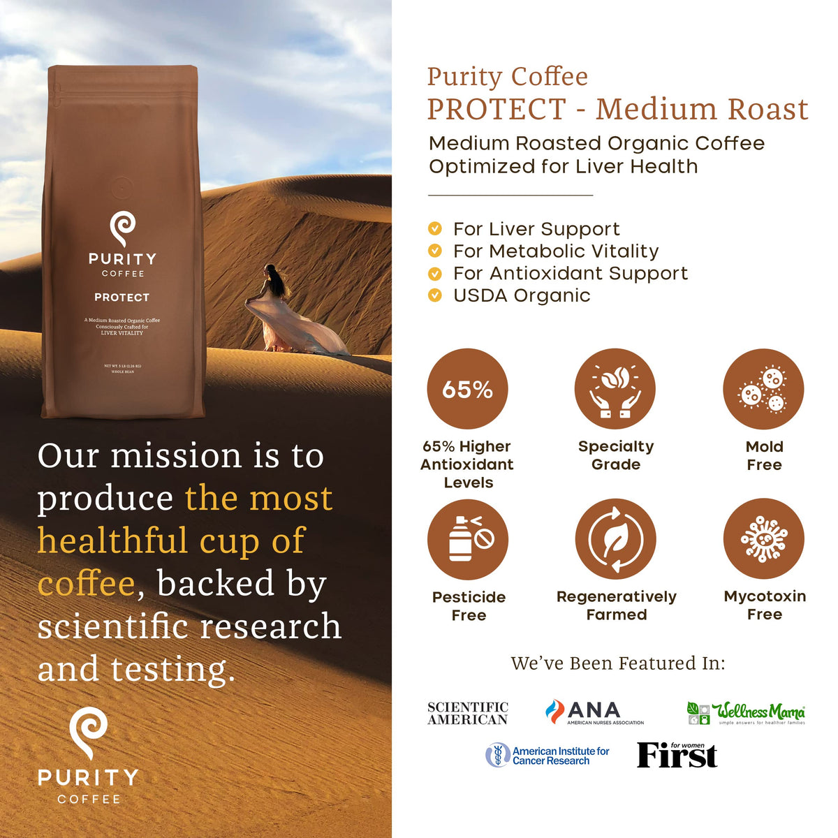 Purity Coffee PROTECT roasted Arabica beans for smooth flavor