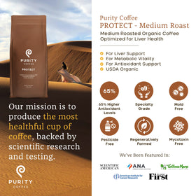 Purity Coffee PROTECT roasted Arabica beans for smooth flavor