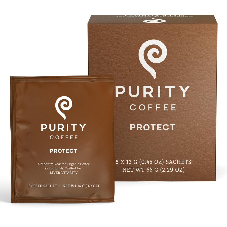 Purity Coffee PROTECT sachets in a box for convenient antioxidant support