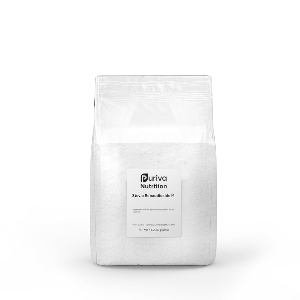Puriva Stevia Reb M powder bottle showing pure, calorie-free sweetness for beverages.