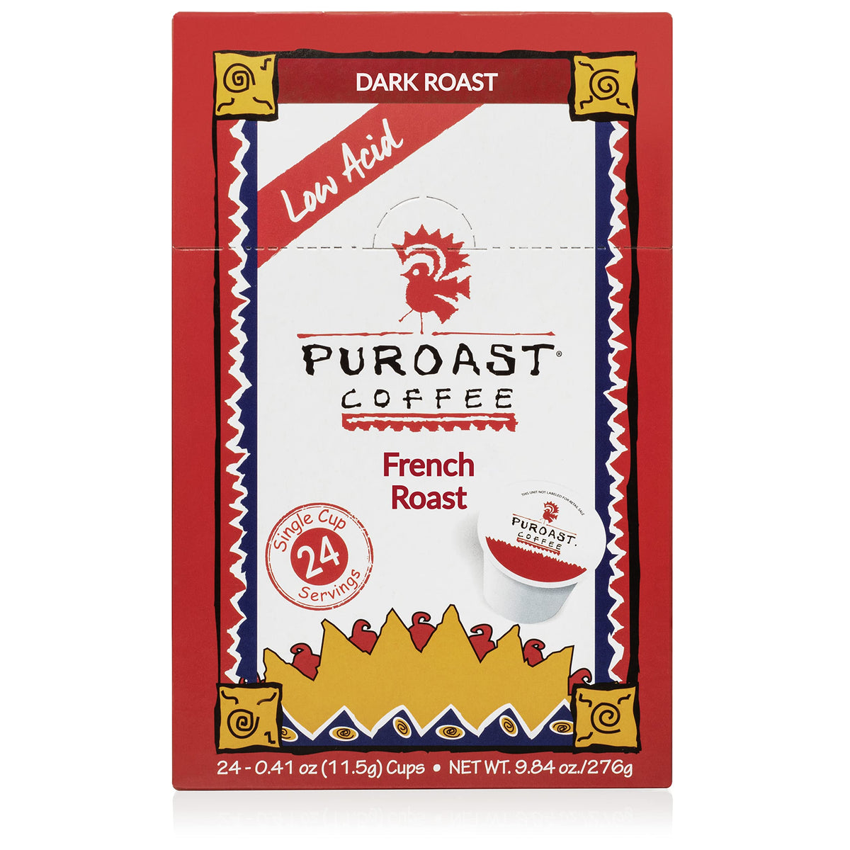 Puroast French Roast pods showing Keurig compatibility for quick brew.