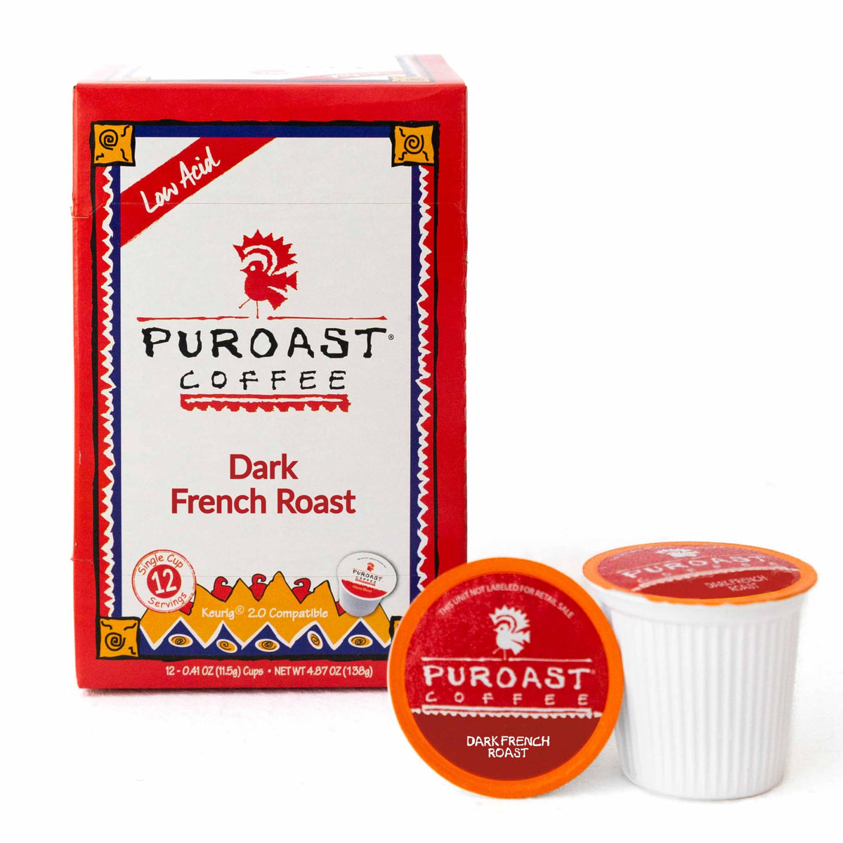 Puroast low acid French Roast pod close-up for easy Keurig brewing
