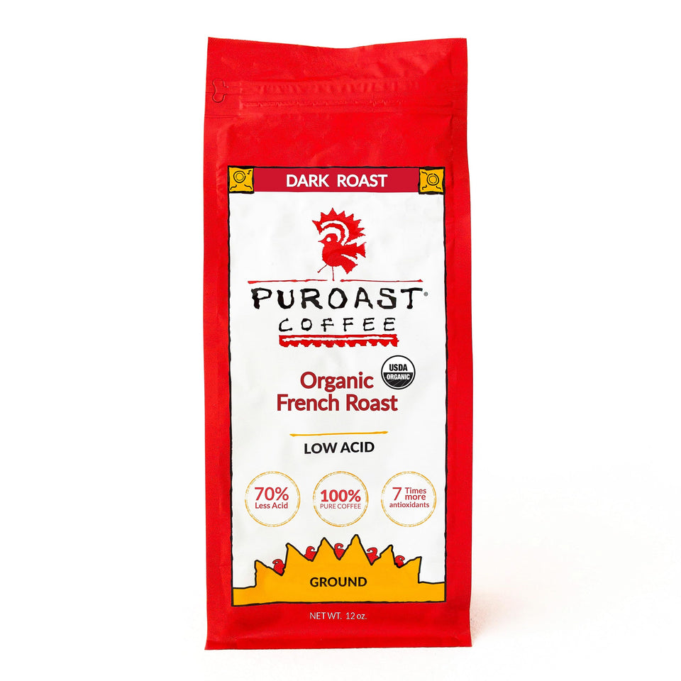 Puroast Low Acid Coffee Ground bag; smooth, reduced acidity for sensitive stomachs.