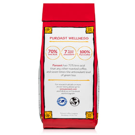 Puroast ground coffee packaging highlights organic and low acid features.
