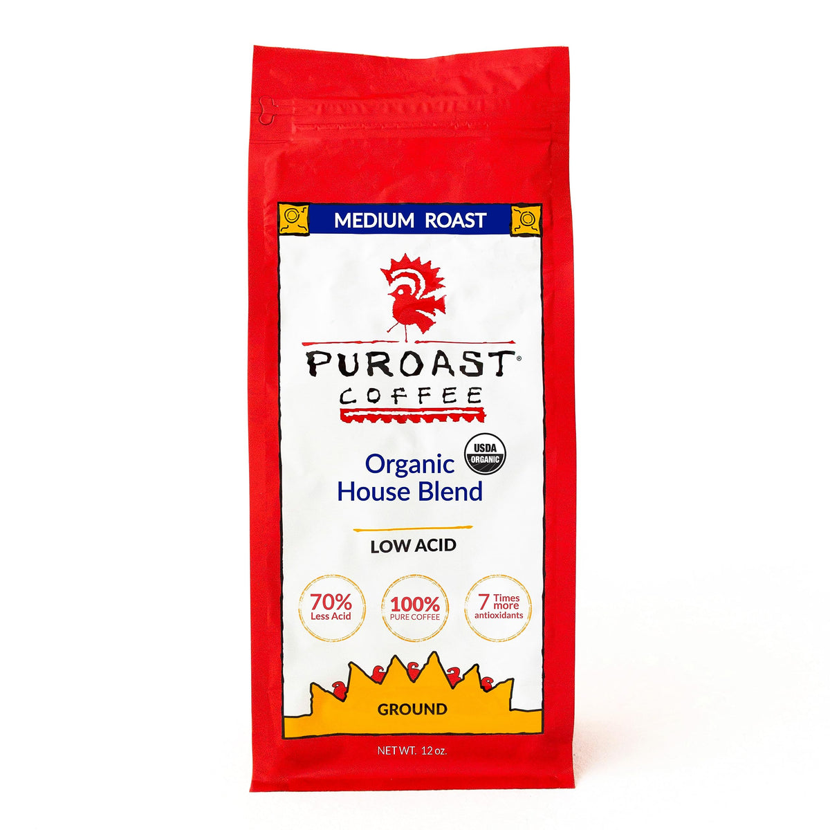 Puroast low acid ground coffee being poured into a cup for a smooth, balanced brew.