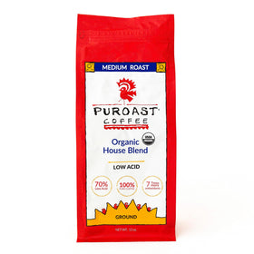 Puroast low acid ground coffee being poured into a cup for a smooth, balanced brew.