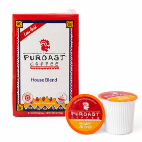 Puroast Low Acid House Blend pods with smooth aroma for sensitive stomachs