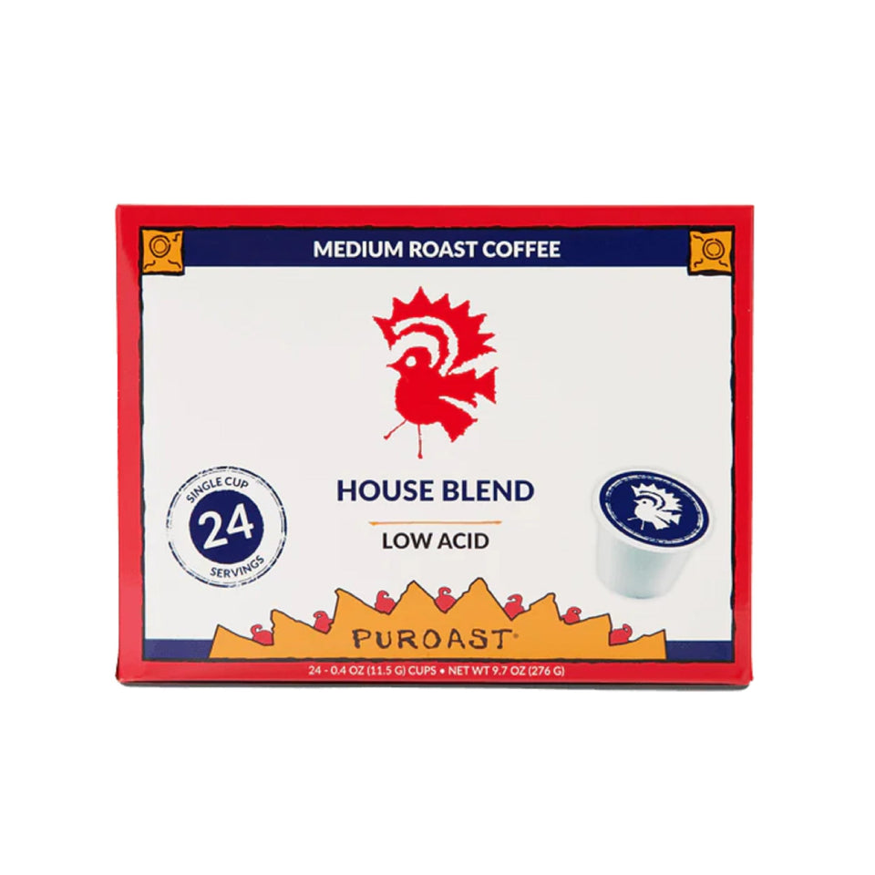 Puroast Low Acid Coffee House Blend single-serve pods with smooth flavor and reduced acidity.