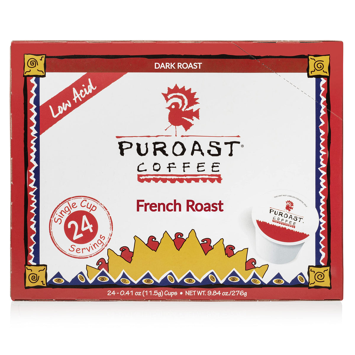 Puroast low acid French Roast pods in a box, signaling smooth brews.