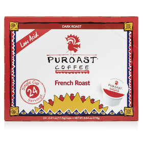 Puroast low acid French Roast pods in a box, signaling smooth brews.