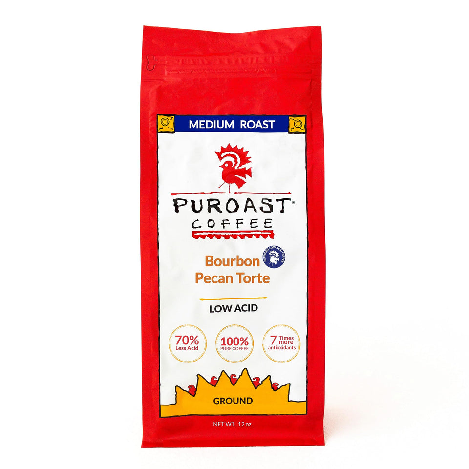 Puroast Low Acid Bourbon Pecan ground coffee bag with rich aroma for smooth mornings.
