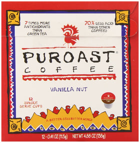 Puroast Vanilla Nut coffee pods aroma close-up with bold flavor notes.
