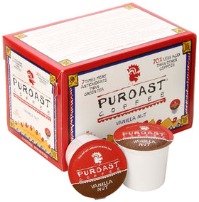 Puroast Vanilla Nut pods, brewed cup aroma highlighting a smooth, low-acid profile.