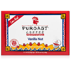 Puroast Vanilla Nut coffee pods packshot showing easy single-cup brews with Keurig.