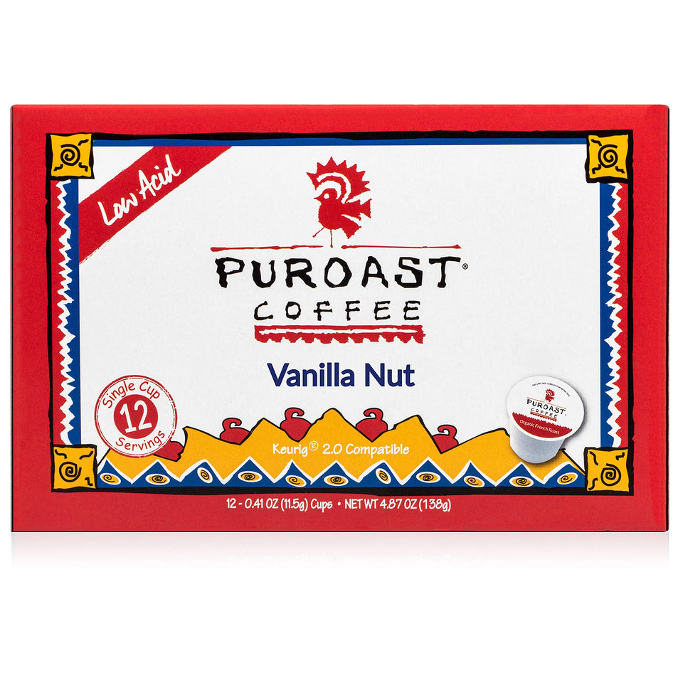 Puroast Vanilla Nut coffee pods packshot showing easy single-cup brews with Keurig.