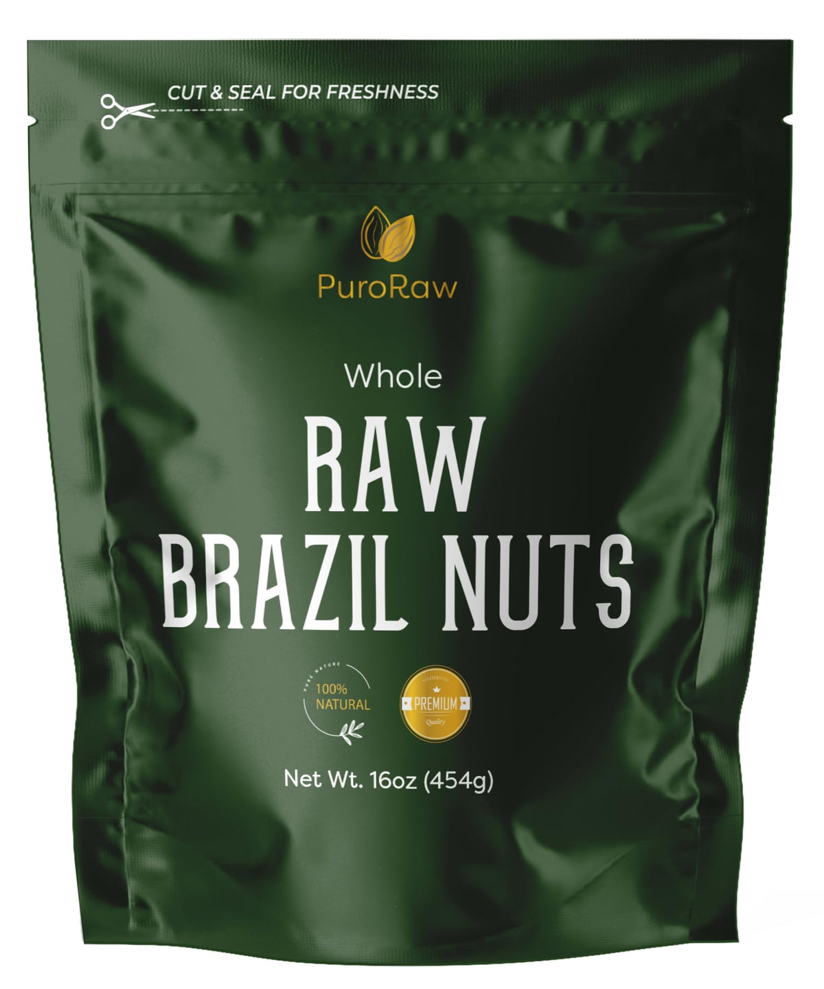 Puroraw Brazil nuts origin amazon, natural snack with tropical aroma.