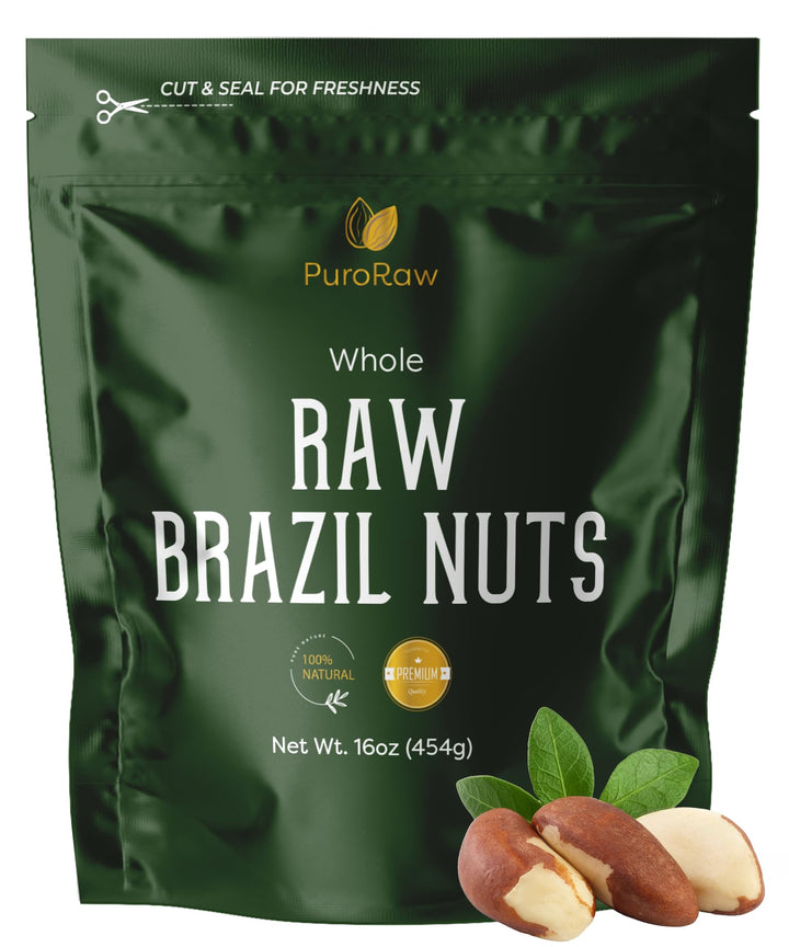 Puroraw Brazil nuts raw 1lb in packaging, crisp texture for quick snacking.