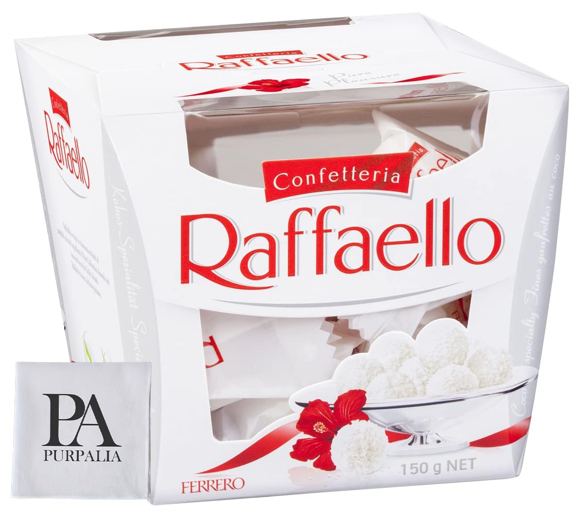 Purpalia Ferrero Raffaello box front, gift-ready packaging for celebrations.