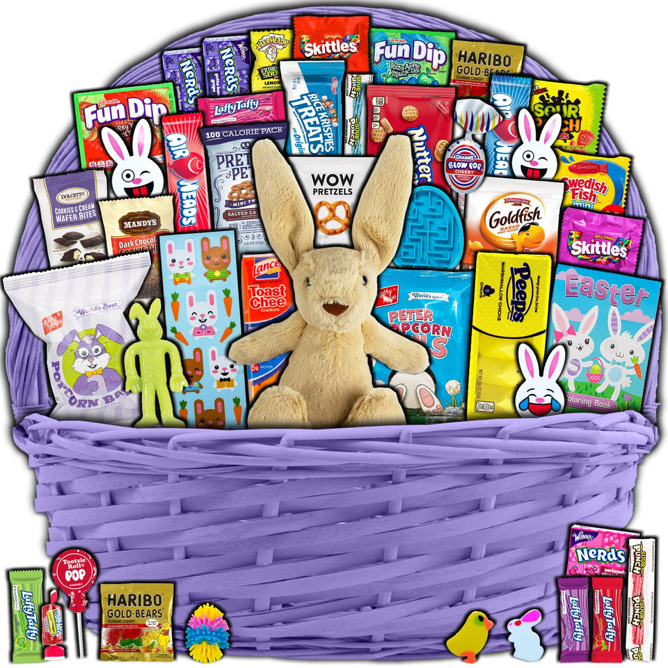 Purple Easter Basket plush bunny highlight, ideal for gifting kids and adults.